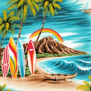 Hawaii Fabric, Surfboard Beach Tropical Scene in Turquoise, By the Half or Full Yard
