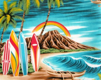 Hawaii Fabric, Surfboard Beach Tropical Scene in Turquoise, By the Half or Full Yard