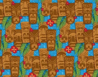 Fabric, Tiki Masks on Blue, Tiki Time by Paintbrush Studio, Last One Yard