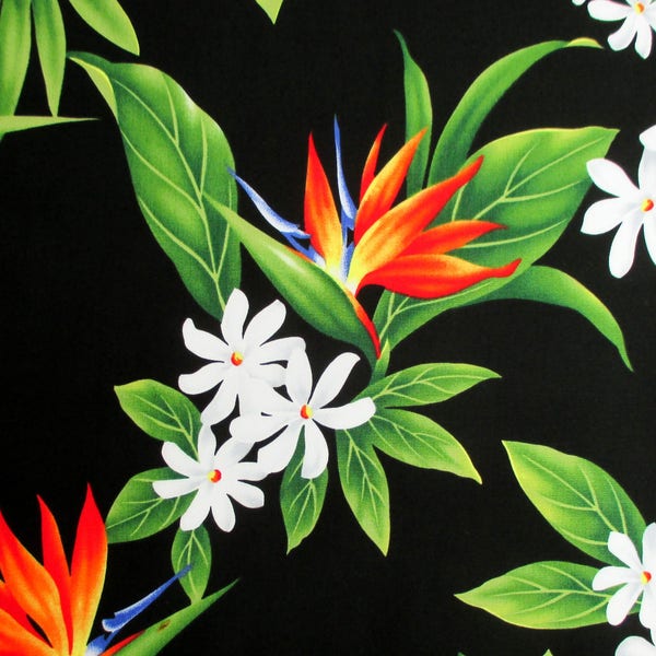Tropical Fabric, Paradise Garland, Hawaiian Bird of Paradise Flower on Black, Last One Yard