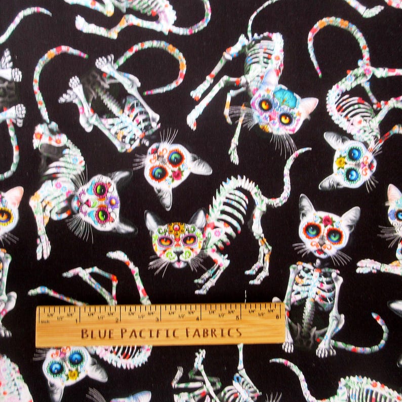 Cat Fabric, Day of the Dead Skeleton Cats by Timeless Treasures, by the ...