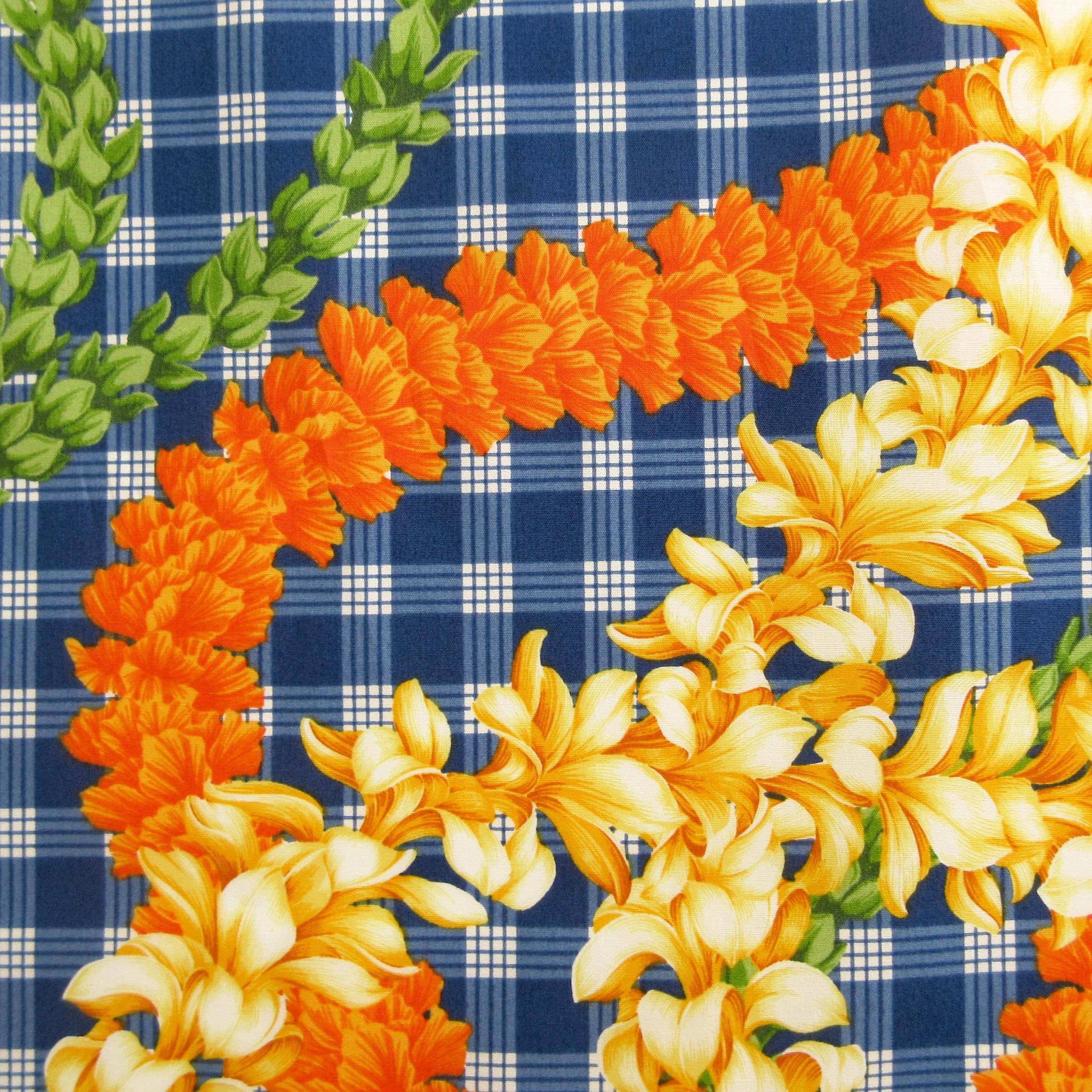 Hawaii Fabric, Island Palaka Leis on Royal Blue, by the Half or