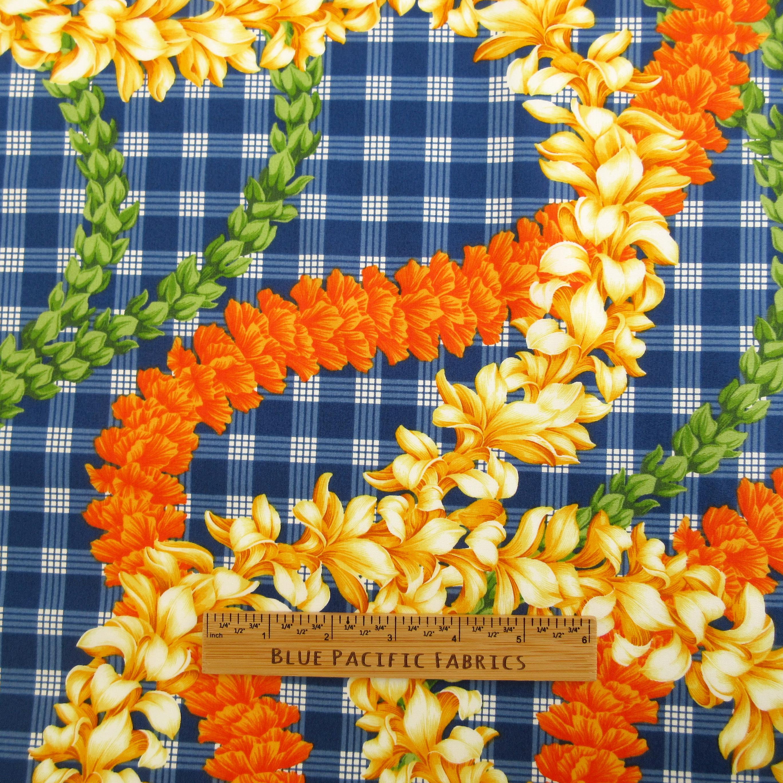 Hawaii Fabric, Island Palaka Leis on Royal Blue, by the Half or