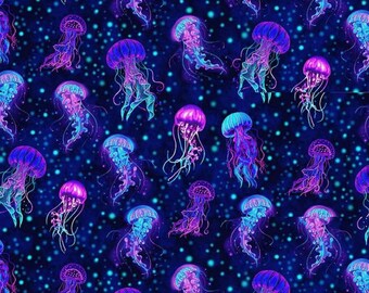 Fabric, Bioluminescent Jellyfish, Electric Ocean by Timeless Treasures, By the Half or Full Yard