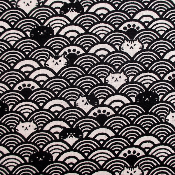 Cat Fabric, Cotton DOBBY, Fuku Cats in Black, Japanese Import, By The Half or Full Yard