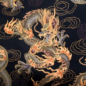 Dragon Fabric, Asian Fire Dragons on Black with Gold Metallic, By The Yard