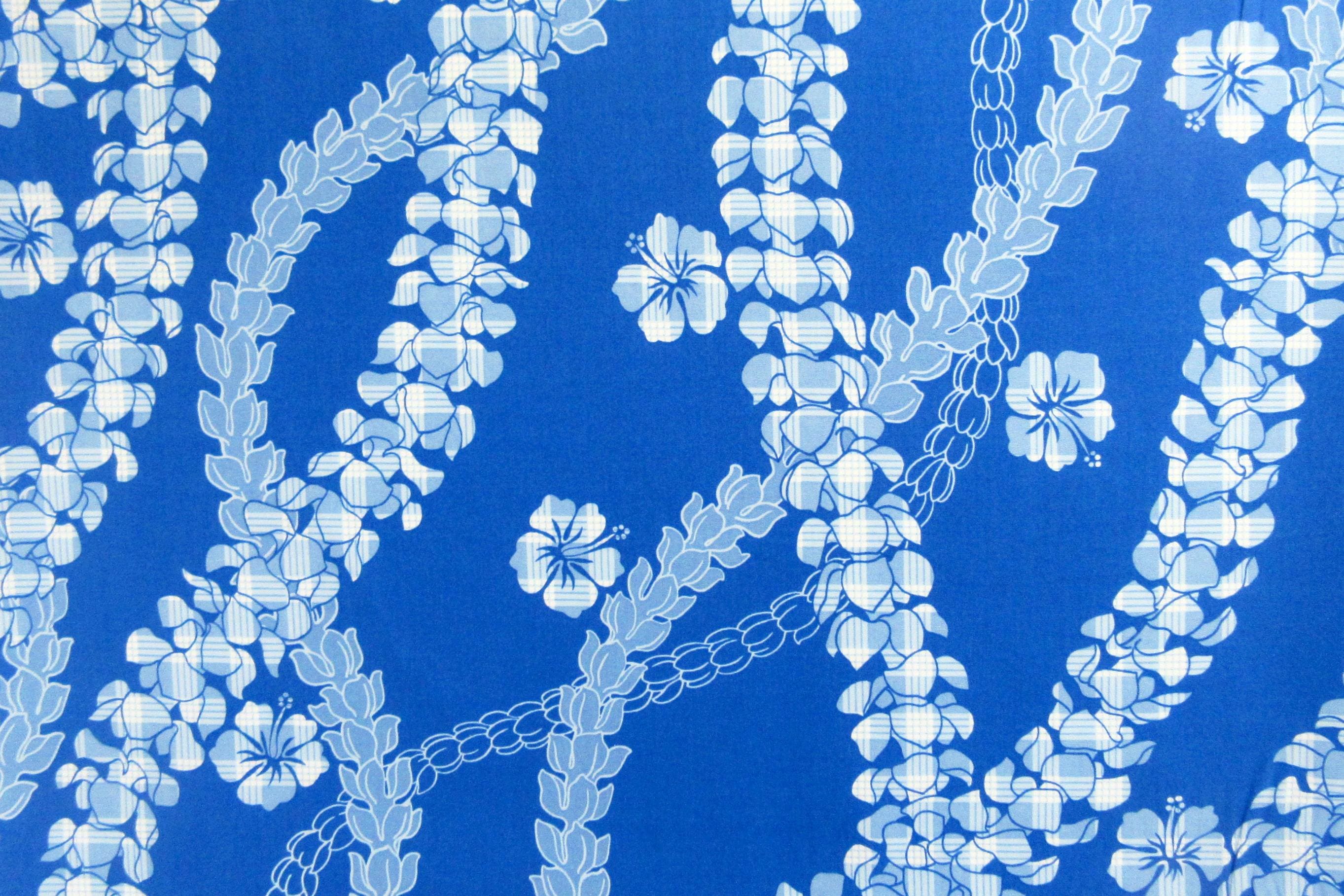 Hawaii Fabric, Paradise Palaka Leis on Blue, by the Half or Full