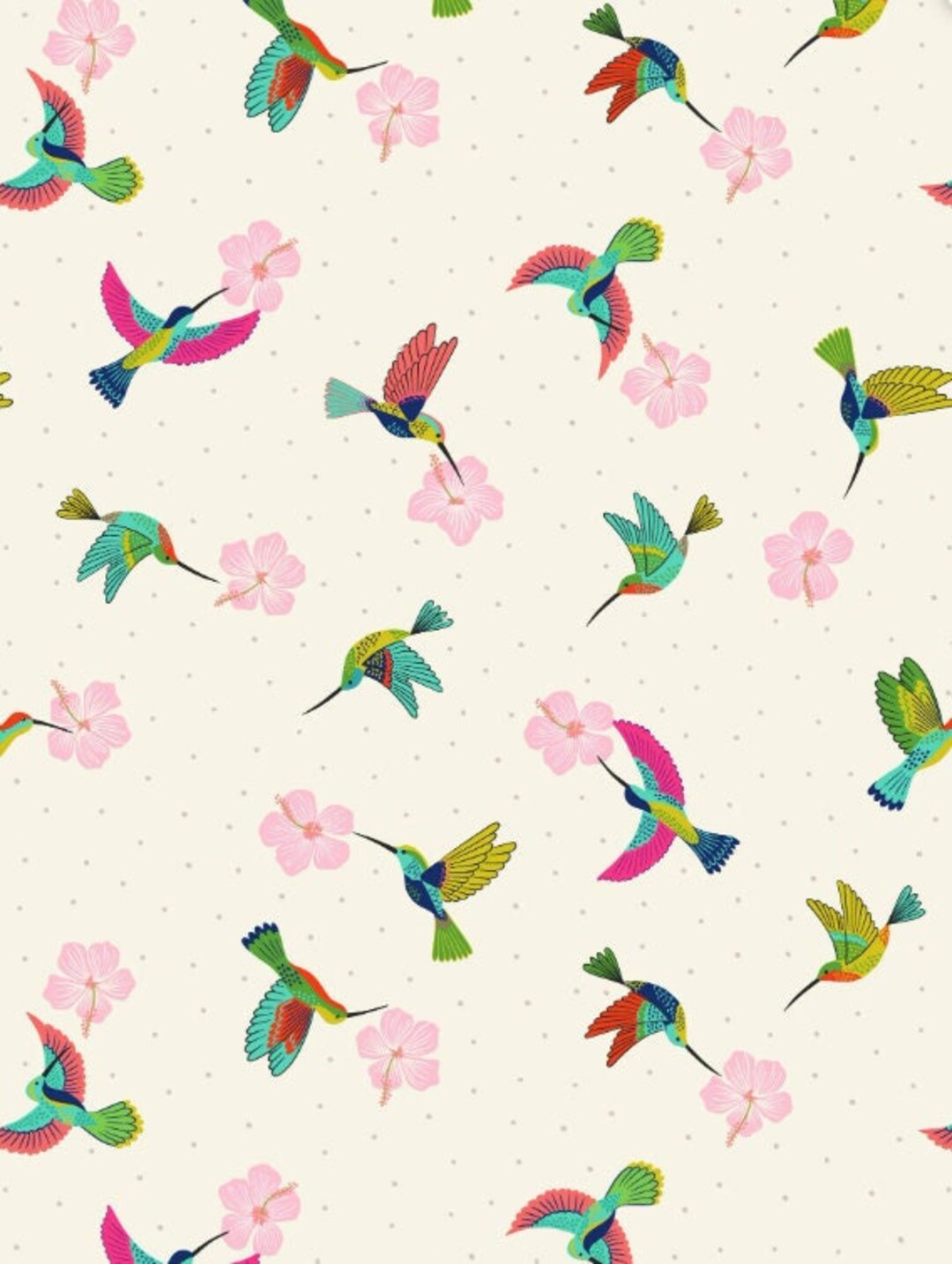 Exotic Flowers & Hummingbird Fabric Panel - White
