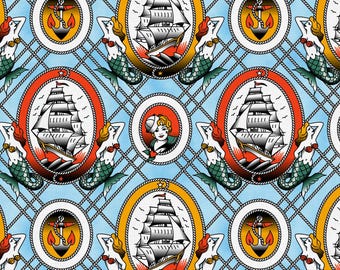 Fabric, Sailor Tattoos on Blue, Timeless Tattoos by Paintbrush Studio, By the Half or Full Yard