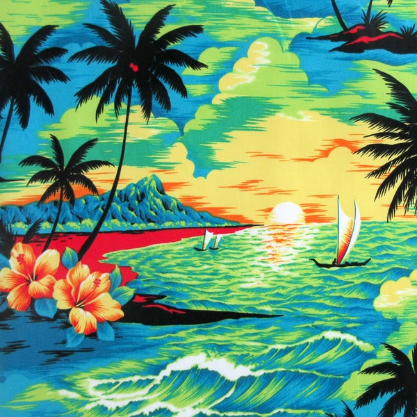 Fabric, Diamond Head Sunset in Teal, Hawaiian Tropical, By the Half or Full Yard