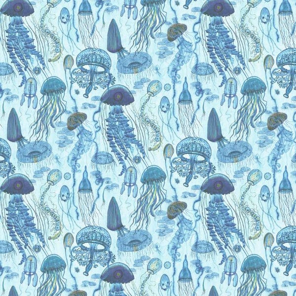 Sea Jellies Fabric, Aqua Jellyfish Field, Deep Blue by Windham Fabrics, By the Half or Full Yard