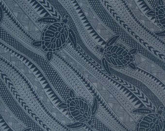 Hawaiian Fabric, Honu Sea Turtle Tattoo Stripe in Blue, Large Scale Print, By The Half or Full Yard