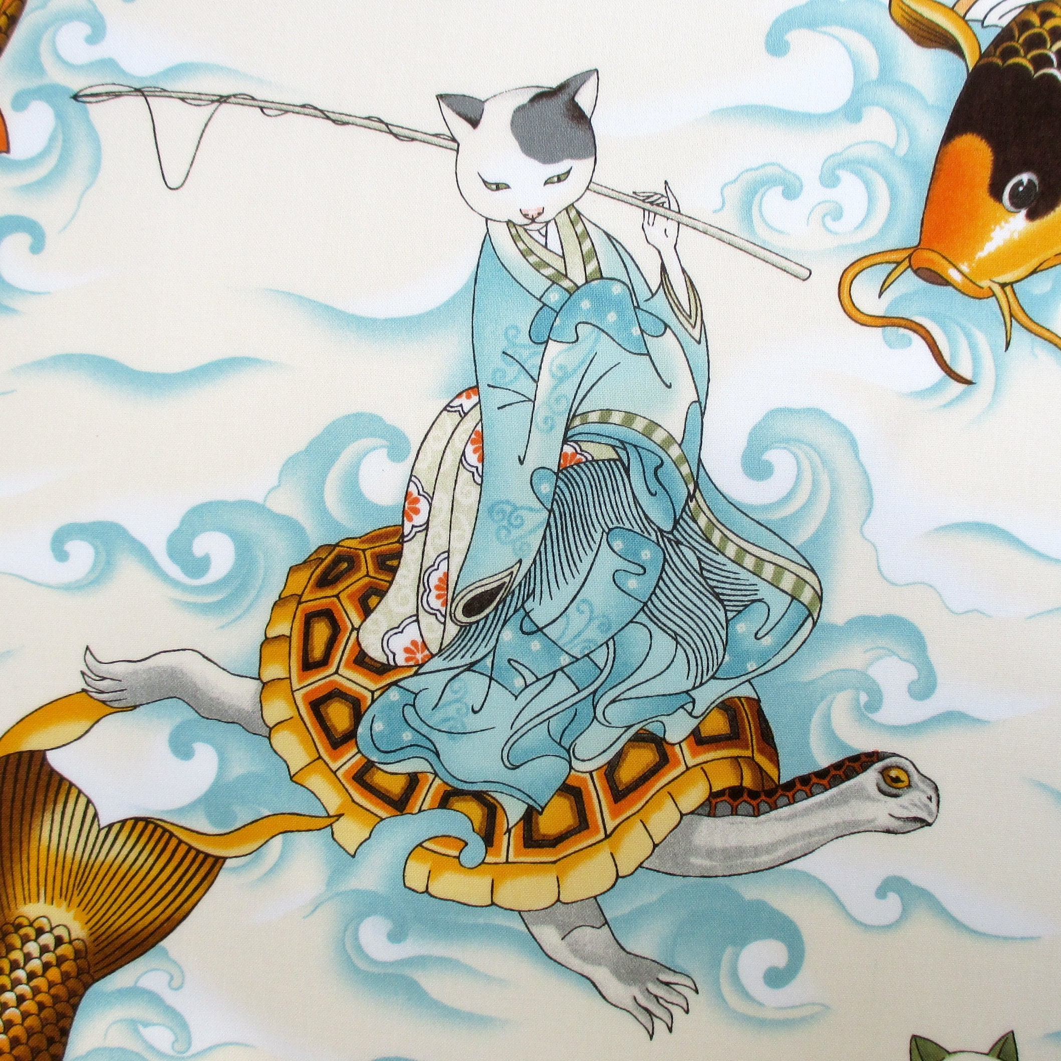 ブレンダ•キング　フィッシャーマンズ　キャット Fabric, Feline Fisherman in Parchment Light Blue, Asian Style Cats