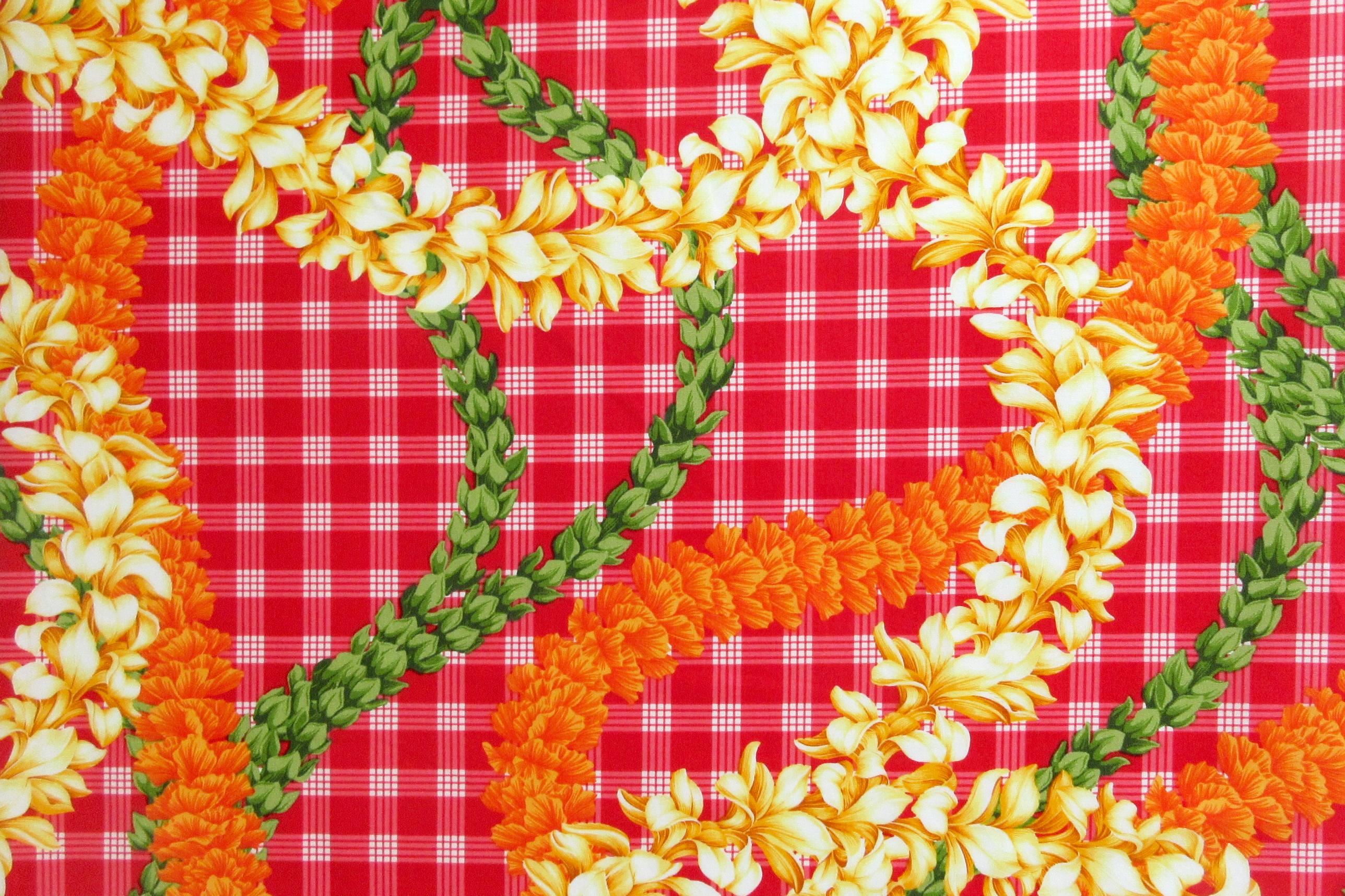 Hawaii Fabric, Island Palaka Leis on Red, by the Half or Full Yard