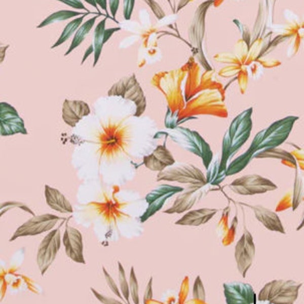 Hibiscus Fabric, Wahine Sunset Floral on Pale Pink, By the Half and Full Yard