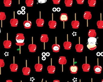 Tela, algodón DOBBY, pájaros de manzana de caramelo sobre negro, Wa Monogatari, importación japonesa, por media yarda o yarda completa