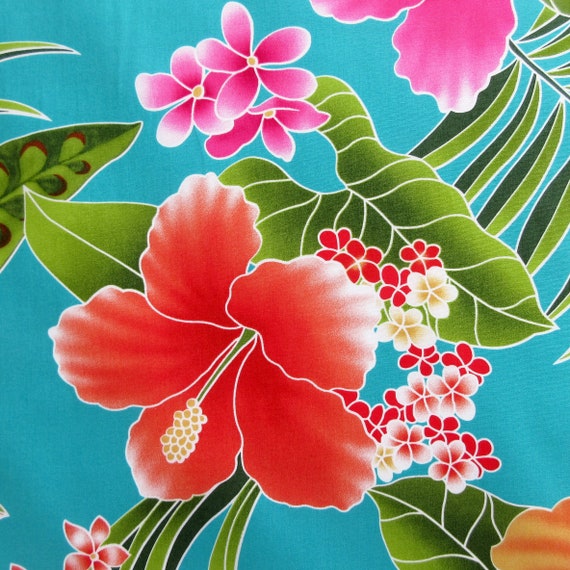 Fabric, Big Island Floral Hibiscus in Turquoise, Hawaiian Tropical