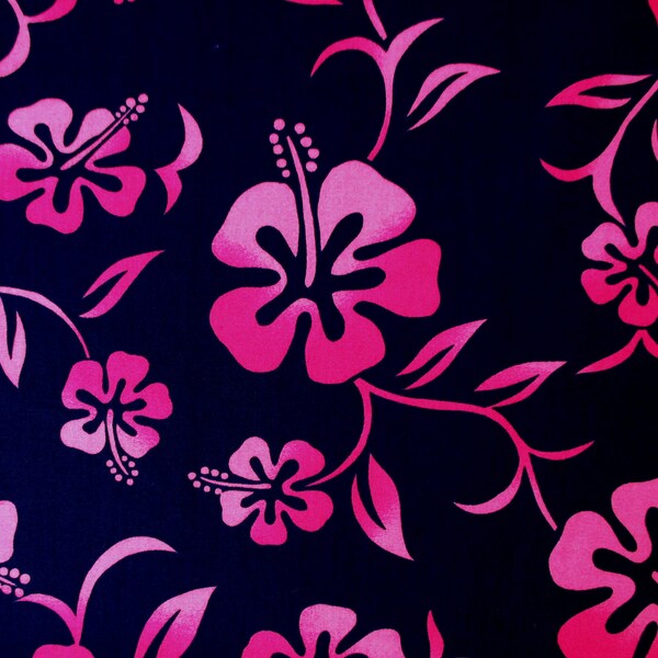 Fabric, Fuchsia Hibiscus Flower on Navy Blue, Hoffman California, Last One Yard