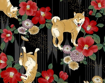 Dog Fabric, Shiba Inu Dog and Flowers on Black, Japanese Fabric, Quilt Gate, By the Half or Full Yard