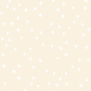 May include: A seamless pattern featuring white, hand-drawn stars scattered across a soft, light beige background. The stars vary slightly in size and shape, creating a whimsical, celestial design. Ideal for fabric or wallpaper.