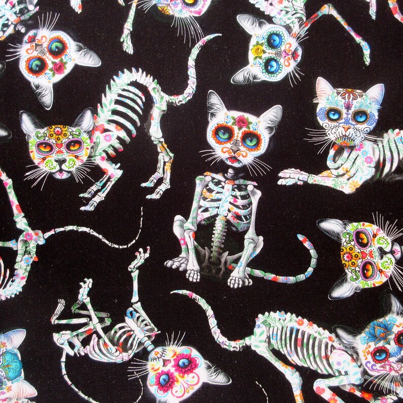 Cat Fabric, Day of the Dead Skeleton Cats by Timeless Treasures, by the ...