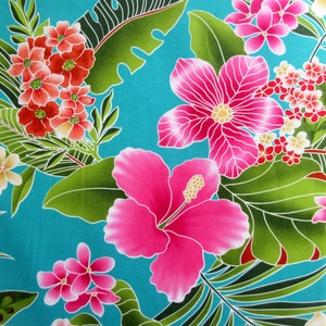 Fabric, Big Island Floral Hibiscus in Turquoise, Hawaiian Tropical, By the Yard