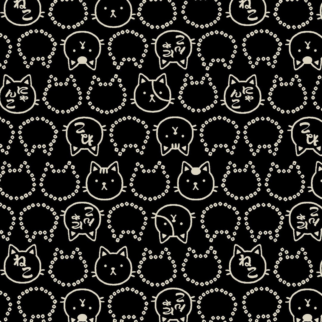 Cat Fabric, Cotton DOBBY, Fuku Cat Circles in Black, Japanese Import ...