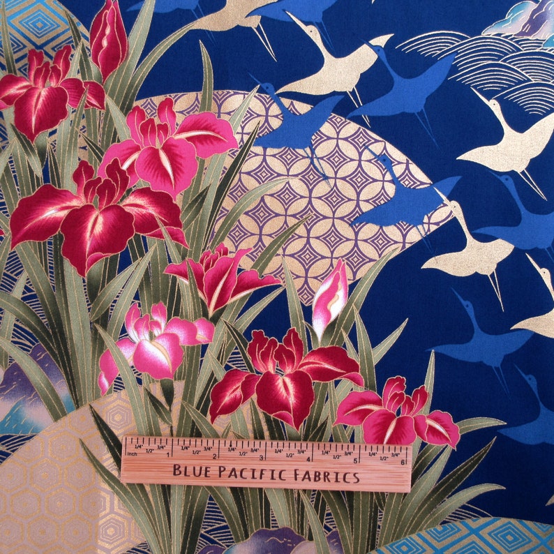 Fabric, Flying Cranes with Asian Fans, Iris Flowers on Navy, Gold Metallics, By the Yard image 6