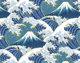 Ocean Wave Fabric, COTTON DOBBY, Tsunami Wave with Mount Fuji in Blue, Japanese Import, Last 30 Inches