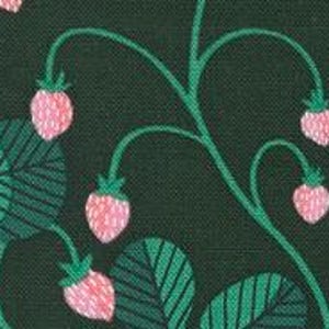 May include: Close-up of a dark green fabric with a repeating pattern of pink strawberries and green leaves and stems. The strawberries have a textured appearance, and the leaves are a solid green color.