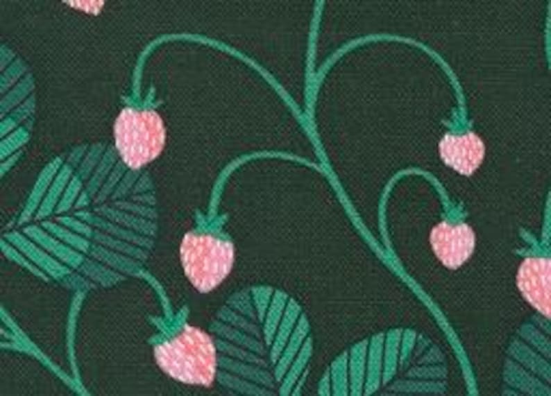 May include: Close-up of a dark green fabric with a repeating pattern of pink strawberries and green leaves and stems. The strawberries have a textured appearance, and the leaves are a solid green color.