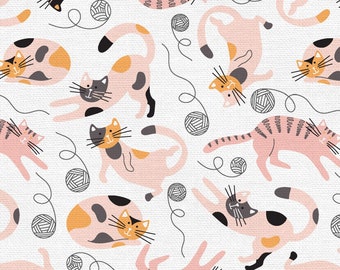 Cat Fabric, Playing Cats on White, Tails and Whiskers by Paintbrush Studio, By The Half or Full Yard