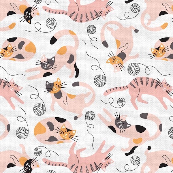Cat Fabric, Playing Cats on White, Tails and Whiskers by Paintbrush Studio, By The Half or Full Yard