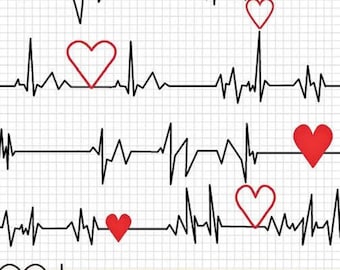 Fabric, Calling All Nurses, White Heartbeat EKG, Windham Quilting Cotton, Heart Monitor, By the Half or Full Yard