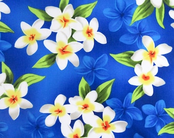 Floral Fabric, Pacific Rim Plumeria on Royal Blue, Tropical Hawaiian, By the Half or Full Yard