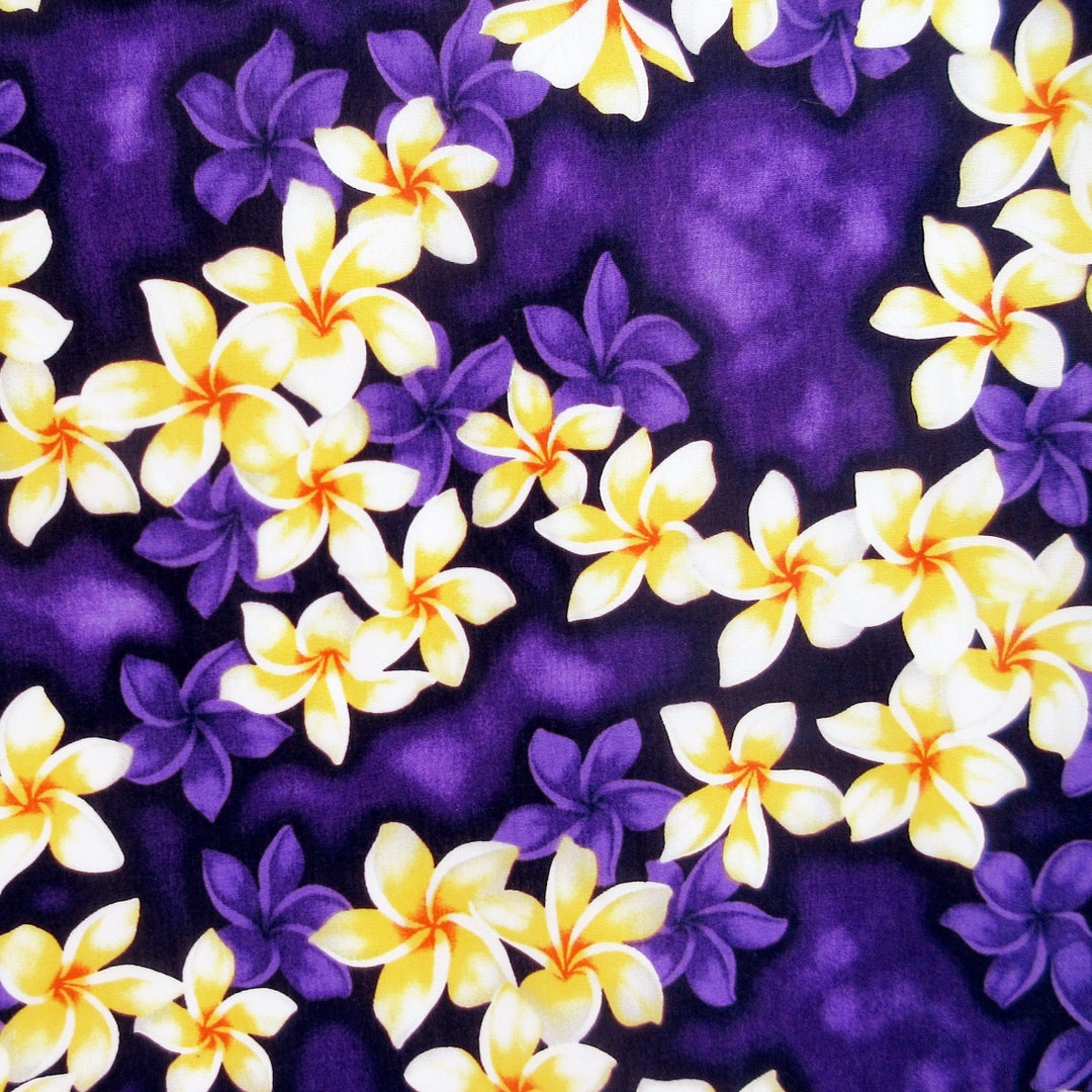 Hawaii Fabric, Island Plumeria Garlands on Purple, by the Half and Full