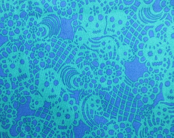 Skull Fabric, Flora de los Muertos in Blue Tonal by Alexander Henry, By the Half or Full Yards