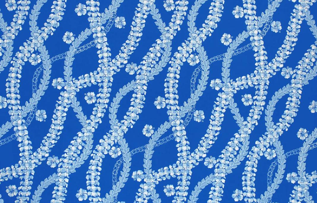 Hawaii Fabric, Paradise Palaka Leis on Blue, by the Half or Full