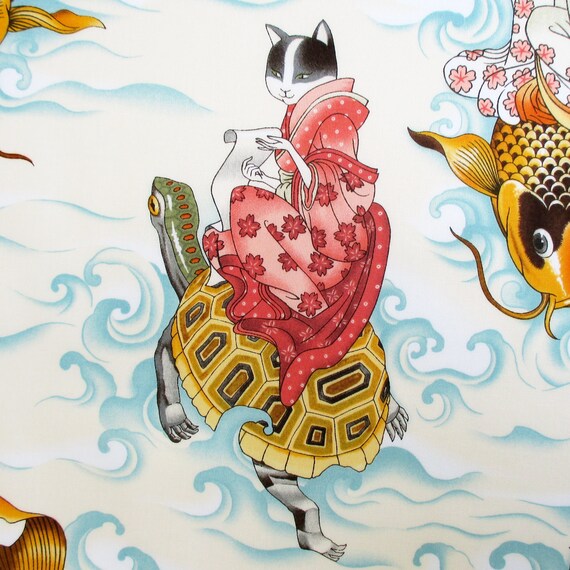 Fabric, Feline Fisherman in Parchment Light Blue, Asian Style Cats