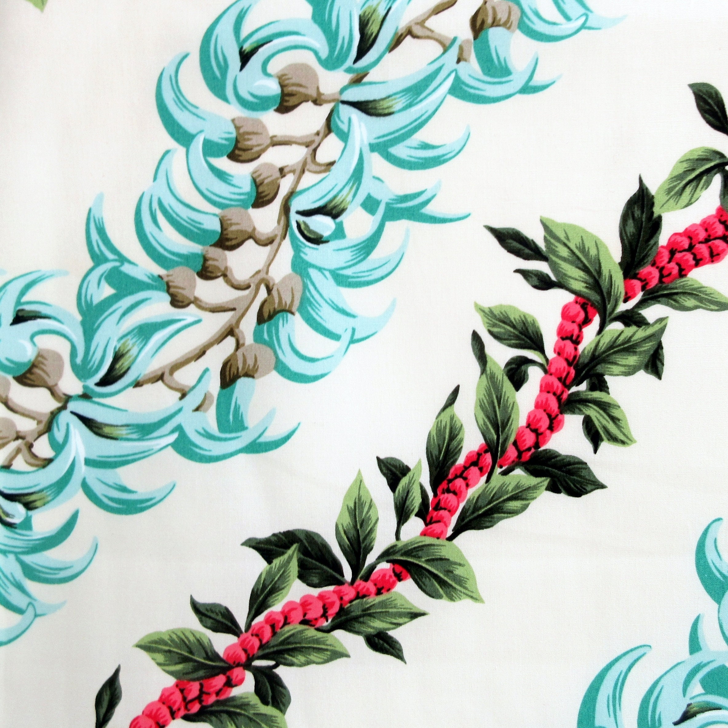 Hawaii Fabric, Island Flower Leis on Cream, Large Scale Print, By the Half or Full Yard