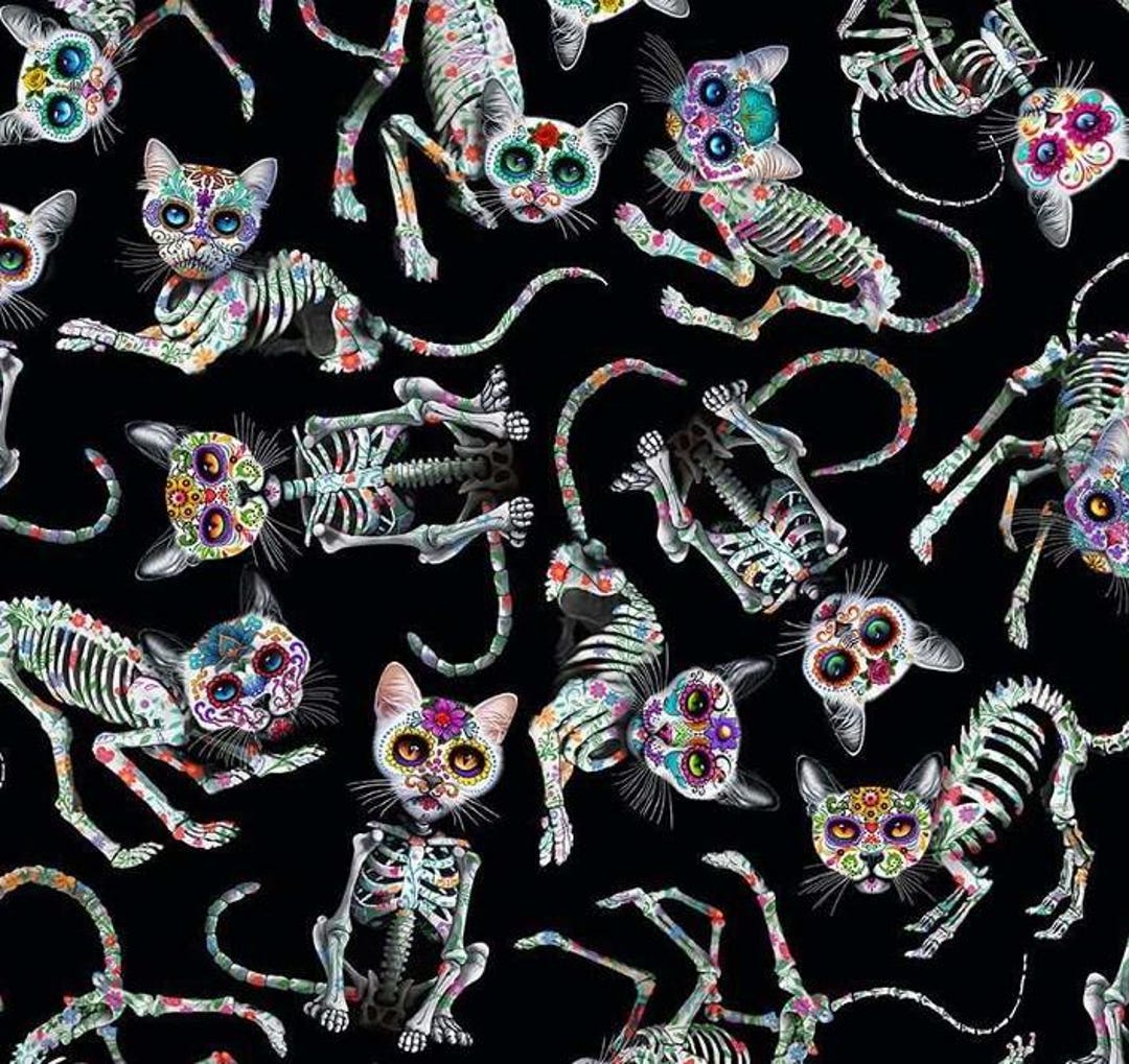 Cat Fabric, Day of the Dead Skeleton Cats by Timeless Treasures, by the ...