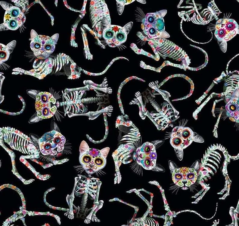 Cat Fabric, Day of the Dead Skeleton Cats by Timeless Treasures, by the ...