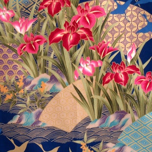 Fabric, Flying Cranes with Asian Fans, Iris Flowers on Navy, Gold Metallics, By the Yard image 8