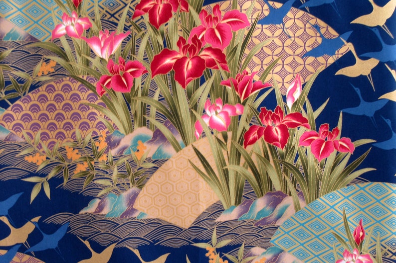 Fabric, Flying Cranes with Asian Fans, Iris Flowers on Navy, Gold Metallics, By the Yard image 8