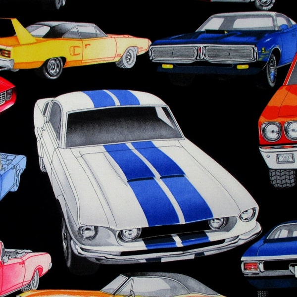 Fabric, Pure Muscle Cars, Classic Cars on Black, Alexander Henry Fabric, by the Yard