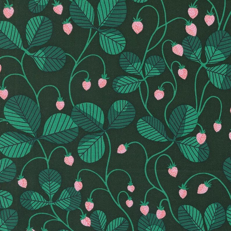 May include: A repeating pattern of strawberries and leaves. The leaves are a dark green with lighter green details, and the strawberries are pink. The background is a dark green color. The design is a botanical theme.