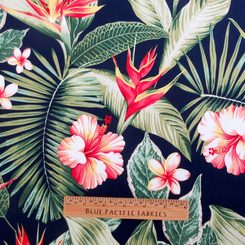 Fabric, Tropical Blossom Paradise on Navy Blue, Hawaiian Floral, by the ...