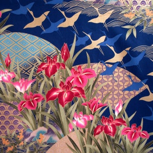 Fabric, Flying Cranes with Asian Fans, Iris Flowers on Navy, Gold Metallics, By the Yard image 3