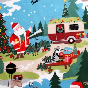 Christmas Fabric, Santa Goes Glamping by Alexander Henry, Camping Santa and Reindeer, Last One Yard
