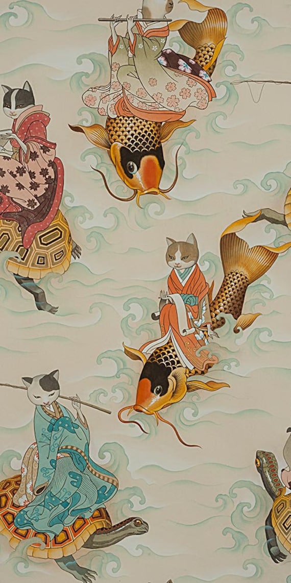 Fabric, Feline Fisherman in Parchment Light Blue, Asian Style Cats